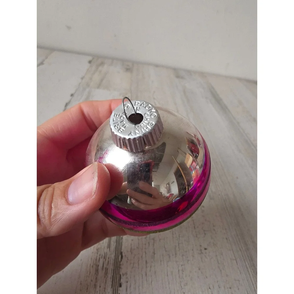 Vintage shiny brite indent striped glitter ball ornament pink purple green Xmas